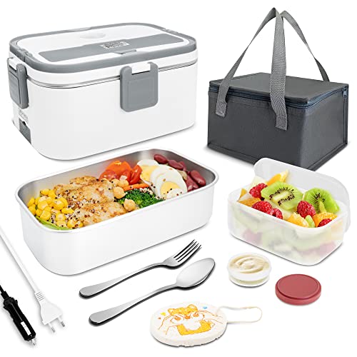 Ivyhouse Electric Lunch Box for Men and Women Food Heater 1.8L Large Capacity 3 in 1 12V/24V/110V Heated Lunch Boxes for Adults Warming Lunch Boxes for Work with Fork & Spoon & Lunch Bag Grey