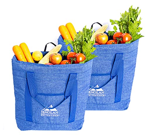 Large Collapsible Insulated Grocery Bag (2 Pack) Reusable Blue Cooler Bag for Frozen Foods and Groceries