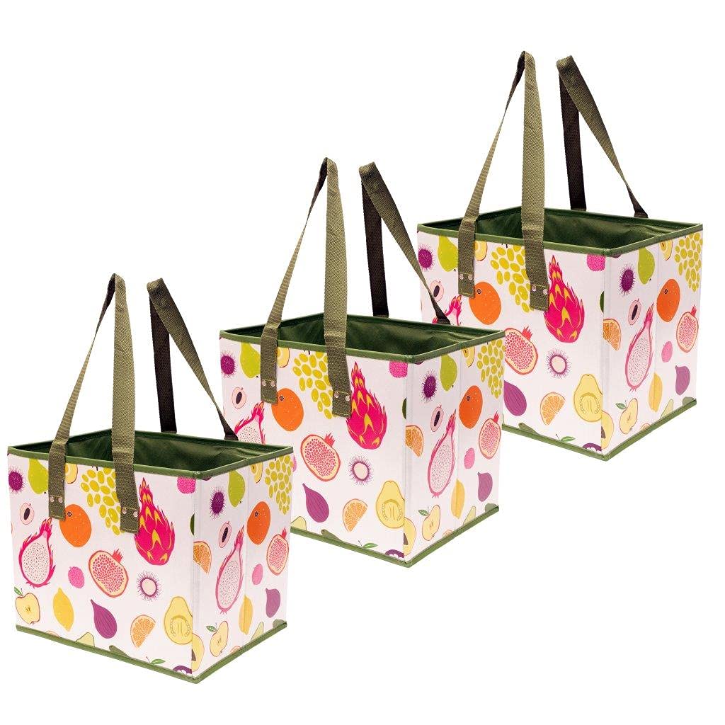 PLANET E Reusable Grocery Shopping Box Bags - Premium Quality Heavy Duty Tote Set with Reinforced Bottom | Folding, Collapsible, Durable and Eco Friendly (3 Pack - 3 fruits), Large