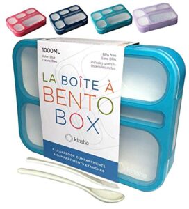 kinsho bento lunch-box for adults kids lunches, portion control container boxes for women girls boys | leak-proof snack containers, bpa-free utensils | blue, green, 5 compartments