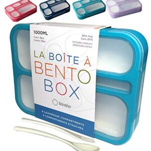 kinsho Bento Lunch-Box for Adults Kids Lunches, Portion Control Container Boxes for Women Girls Boys | Leak-proof Snack Containers, BPA-Free Utensils | Blue, Green, 5 Compartments