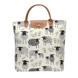 signare tapestry foldable tote bag reusable shopping bag grocery bag with spring lamb daisy design (fdaw-splm)