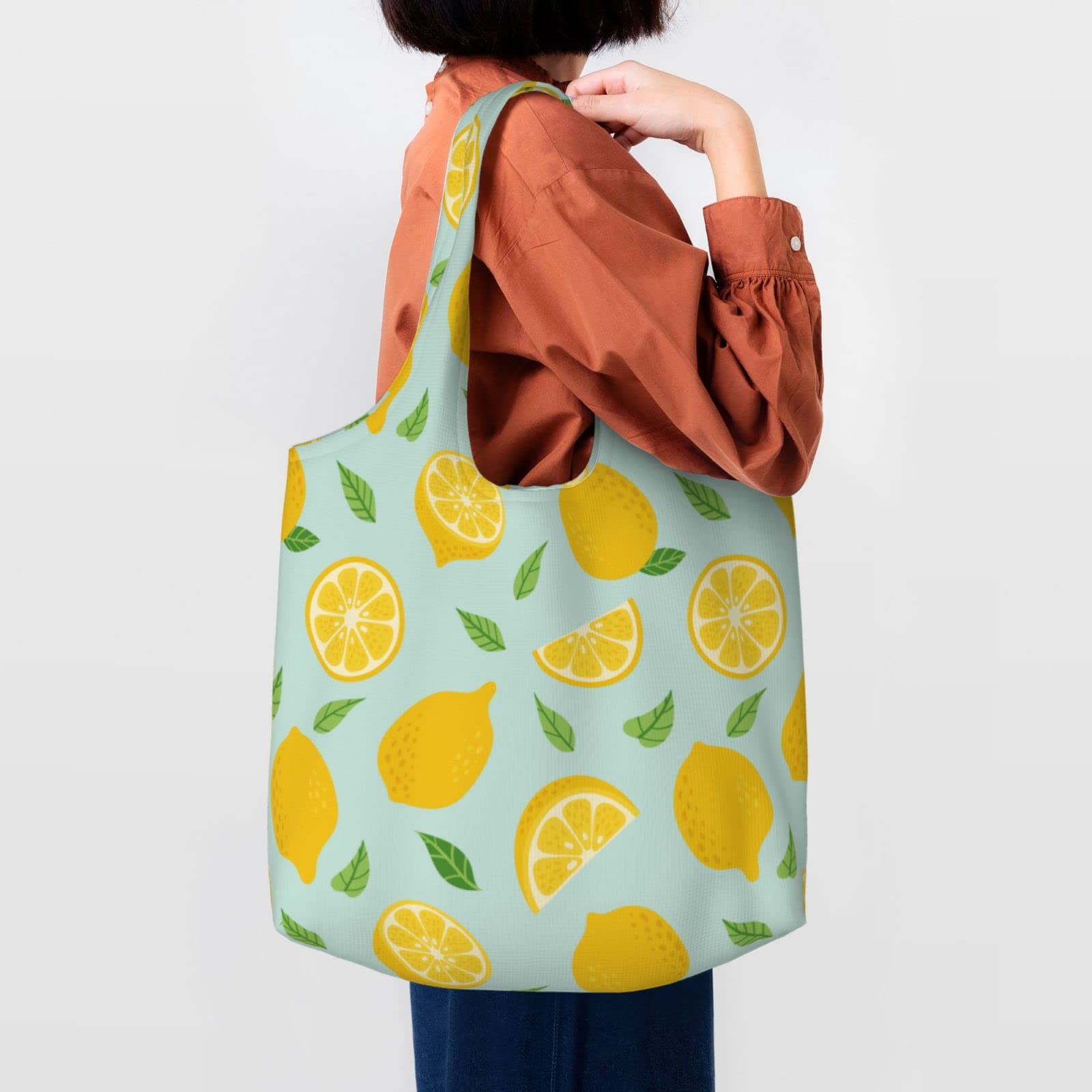 WOAIDY Lemon Reusable Grocery Bags, 50lbs Foldable Durable Shopping Totes With Handles Large Washable Bags