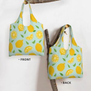 WOAIDY Lemon Reusable Grocery Bags, 50lbs Foldable Durable Shopping Totes With Handles Large Washable Bags