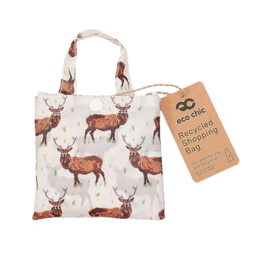 ECO CHIC Foldable Reusable Grocery Bags Heavy Duty Shopping Tote Bags (Stags Beige)