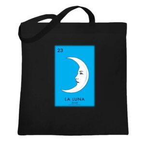 pop threads la luna moon loteria card mexican bingo latina graphic tote bag for adults black 15x15 inches