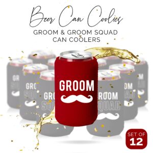 Your Dream Party Shop Groom and Grooms Squad Bachelor Party Can Coolers, Set of 12 Beer Can Coolies, Perfect Bachelor Party Decorations and as Grooms Men Gifts (Red)