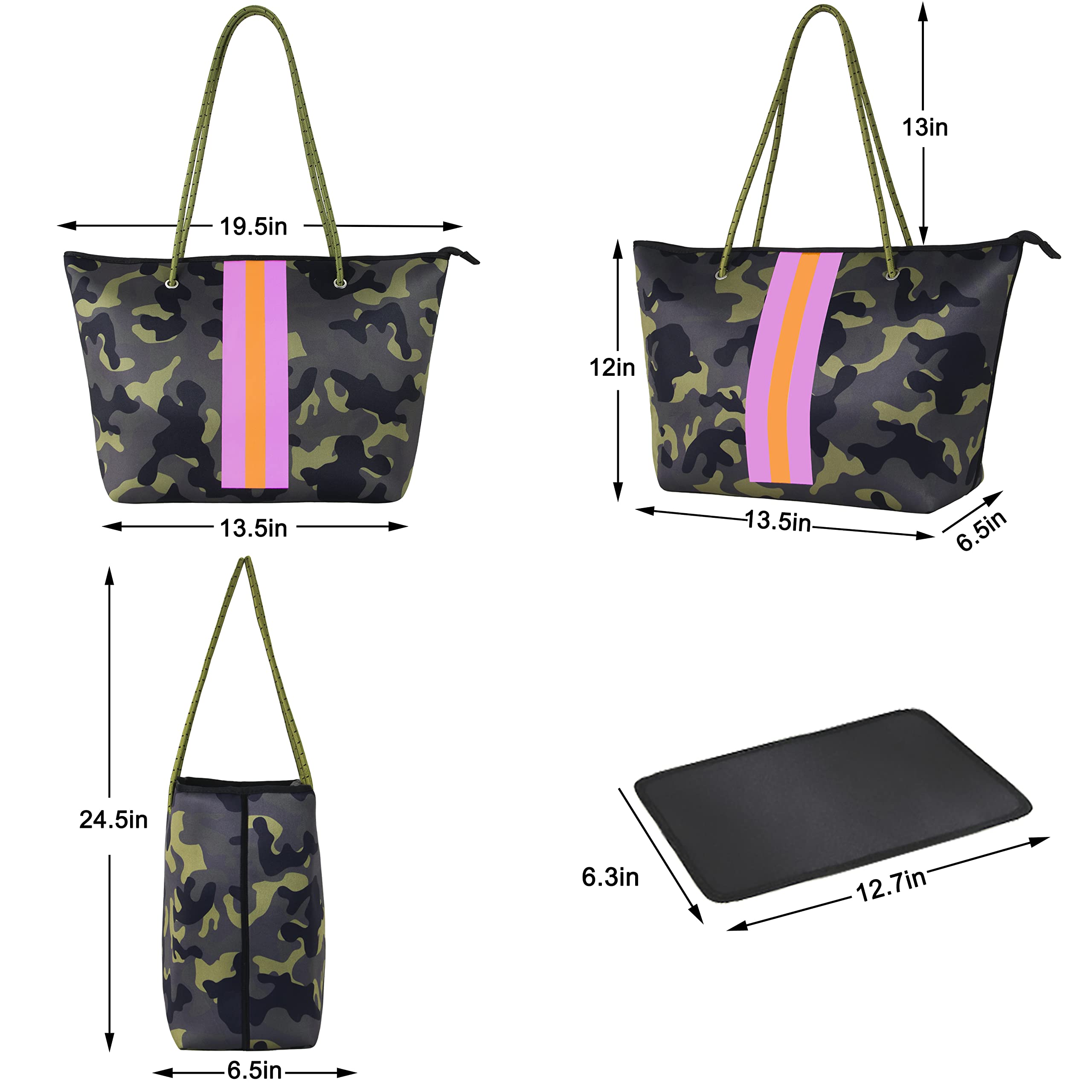 QOGiR Neoprene Multipurpose Beach Bag Tote with Inner Zipper Pocket（Green Camo） …