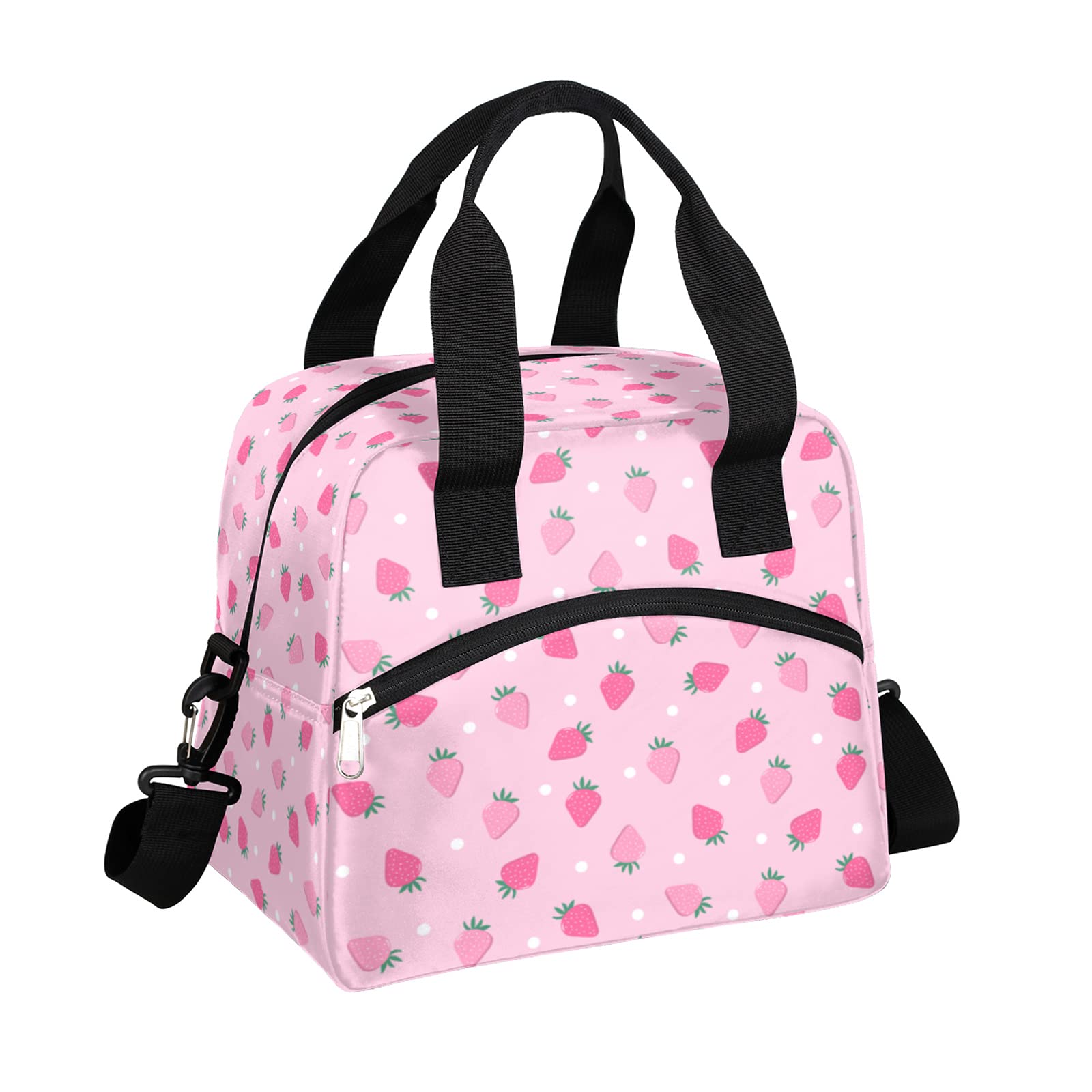 Pardick Pink Strawberry Insulated Lunch Bag Polka Dot Lunch Box for Women Girl with Shoulder Strap Tote Bag Reusable Large Containers Meal Prep for School Work Travel Picnic Thermal Cooler Bag