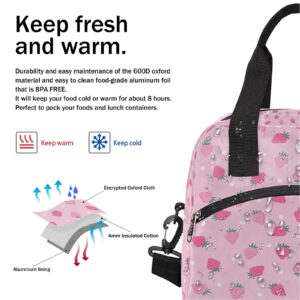 Pardick Pink Strawberry Insulated Lunch Bag Polka Dot Lunch Box for Women Girl with Shoulder Strap Tote Bag Reusable Large Containers Meal Prep for School Work Travel Picnic Thermal Cooler Bag