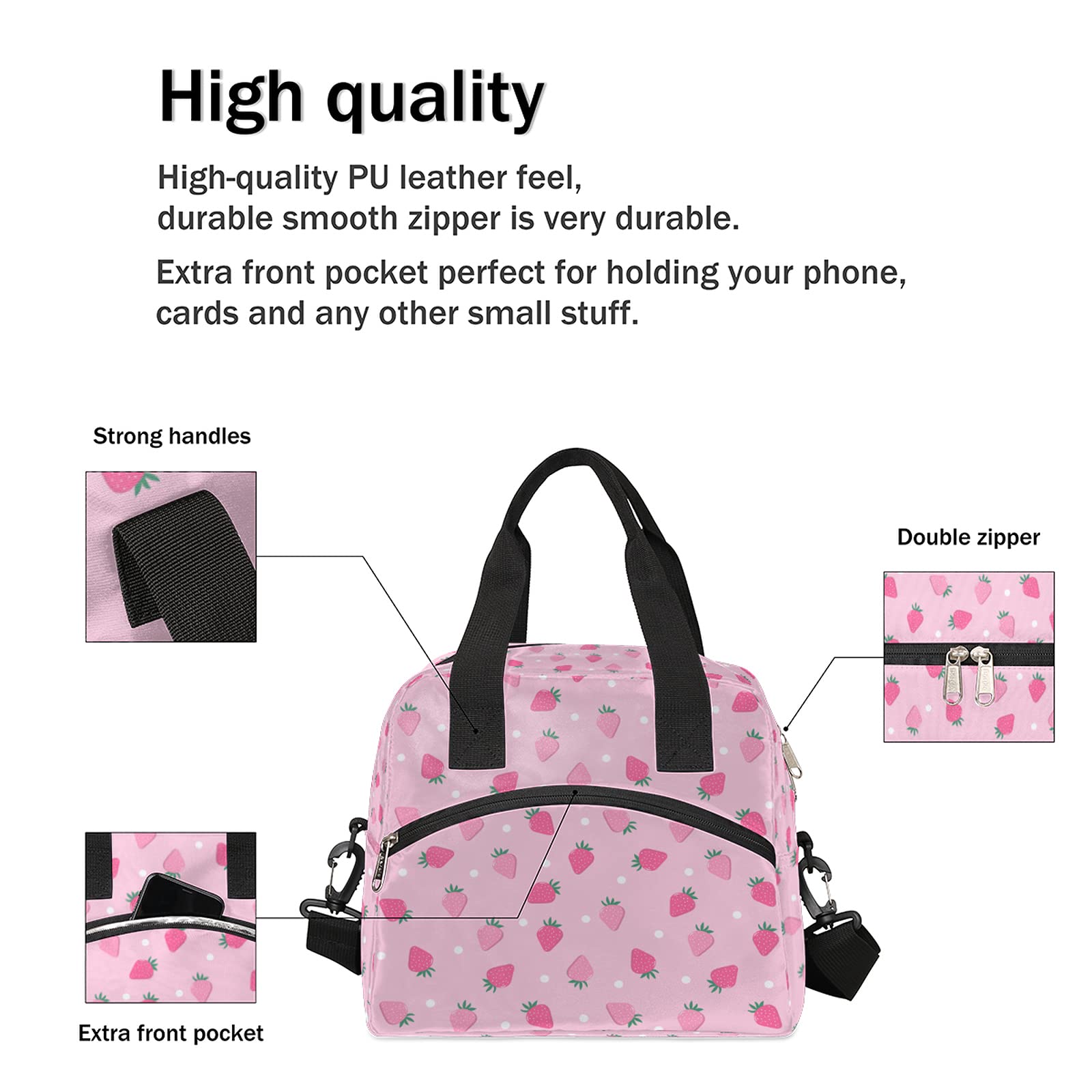 Pardick Pink Strawberry Insulated Lunch Bag Polka Dot Lunch Box for Women Girl with Shoulder Strap Tote Bag Reusable Large Containers Meal Prep for School Work Travel Picnic Thermal Cooler Bag