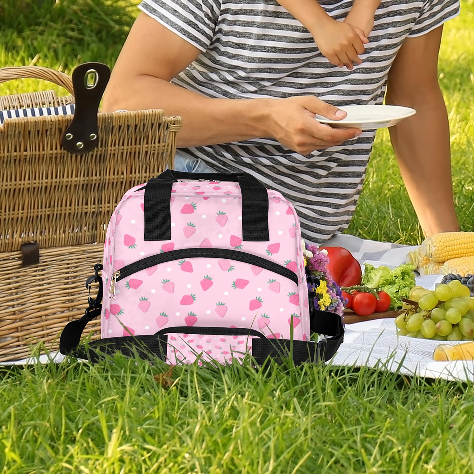 Pardick Pink Strawberry Insulated Lunch Bag Polka Dot Lunch Box for Women Girl with Shoulder Strap Tote Bag Reusable Large Containers Meal Prep for School Work Travel Picnic Thermal Cooler Bag