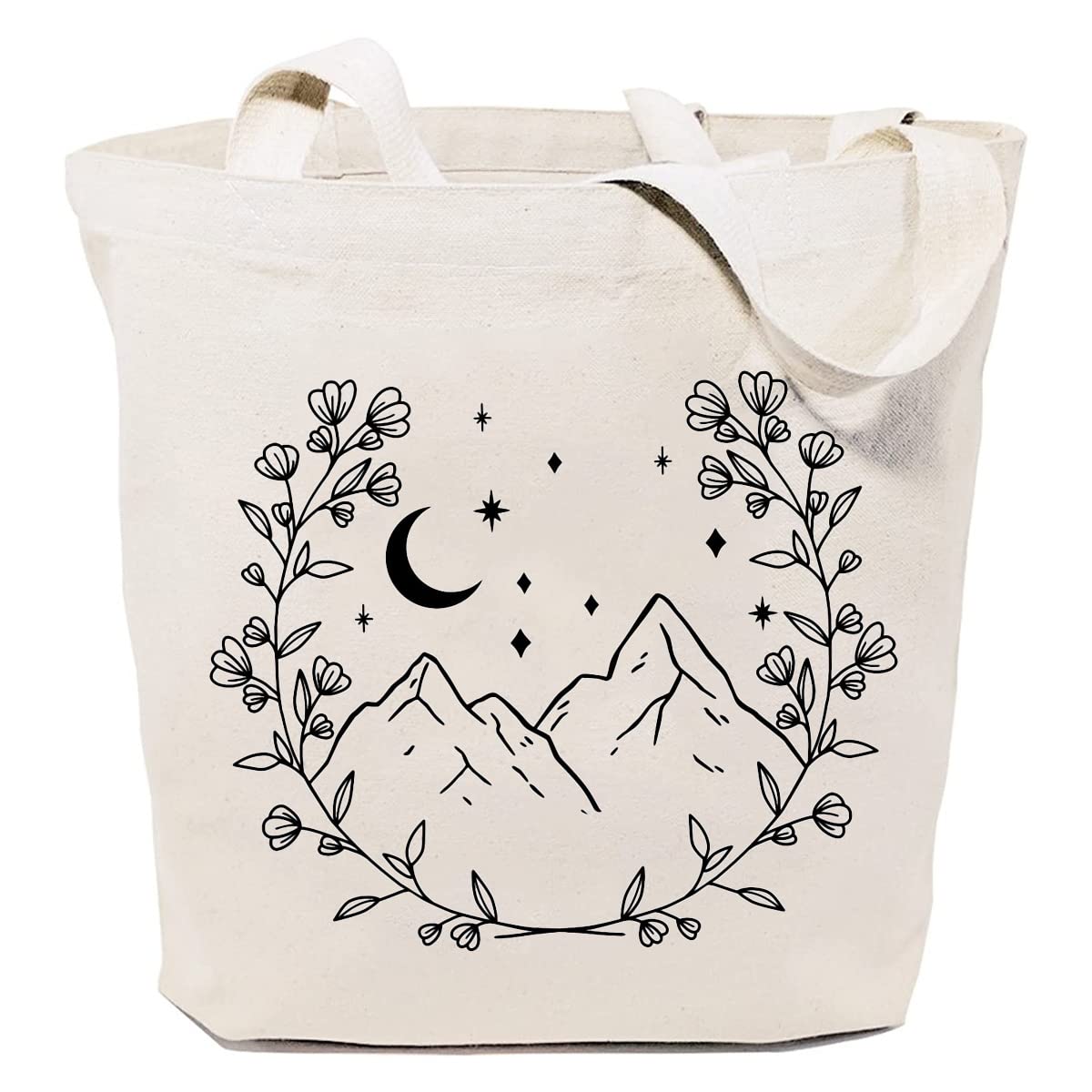 SAUIVD Mountain Moon Flowers Cotton Canvas Tote Bag Mountains Wreath Handbag for Party Grocery Shopping Market