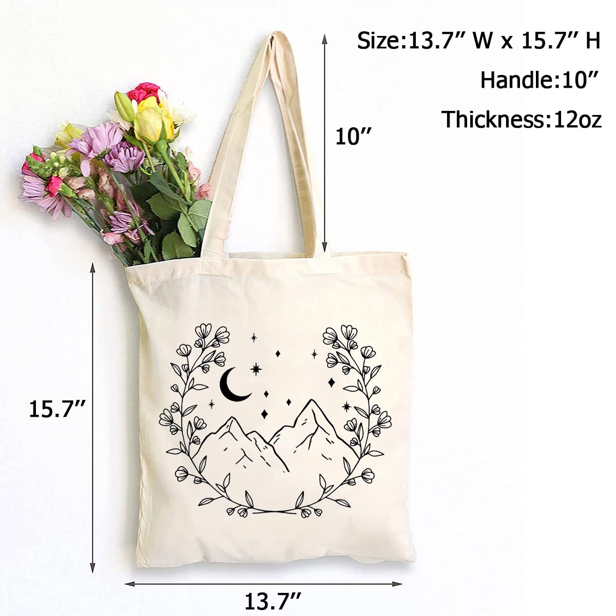 SAUIVD Mountain Moon Flowers Cotton Canvas Tote Bag Mountains Wreath Handbag for Party Grocery Shopping Market