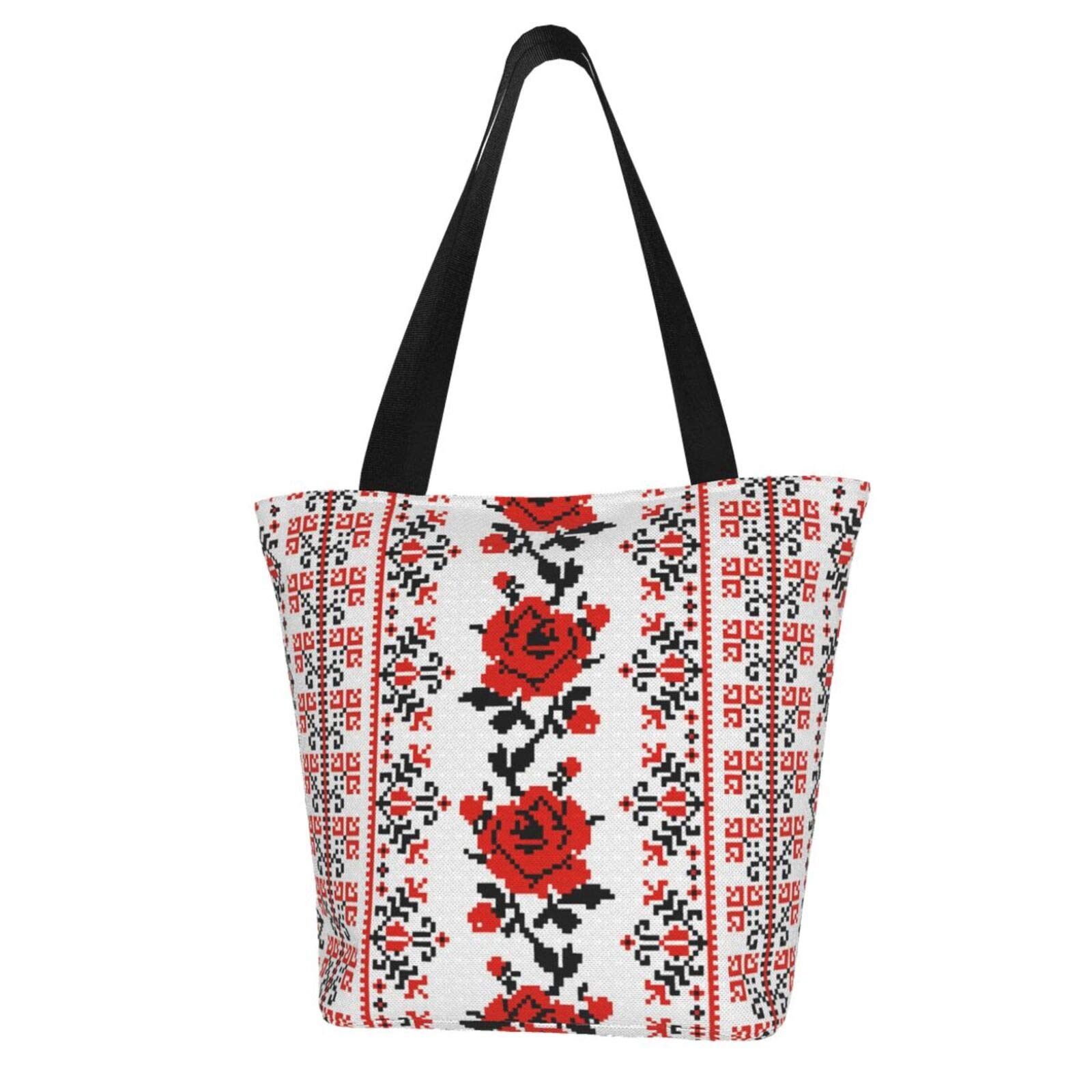 antkondnm Ukrainian Style Rose Tote Bags Shoulder Bag with Zipper for Women,Reusable Gym Picnic Travel Beach Shopping Work Daily Use Shoppers Tote