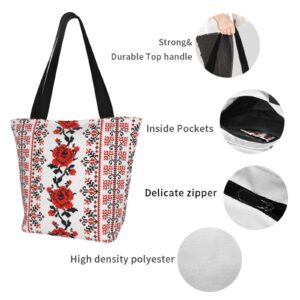 antkondnm Ukrainian Style Rose Tote Bags Shoulder Bag with Zipper for Women,Reusable Gym Picnic Travel Beach Shopping Work Daily Use Shoppers Tote