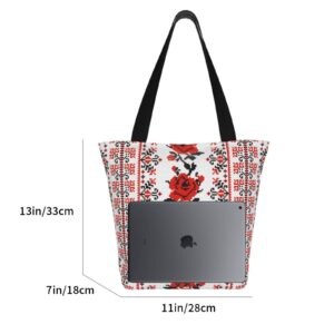 antkondnm Ukrainian Style Rose Tote Bags Shoulder Bag with Zipper for Women,Reusable Gym Picnic Travel Beach Shopping Work Daily Use Shoppers Tote