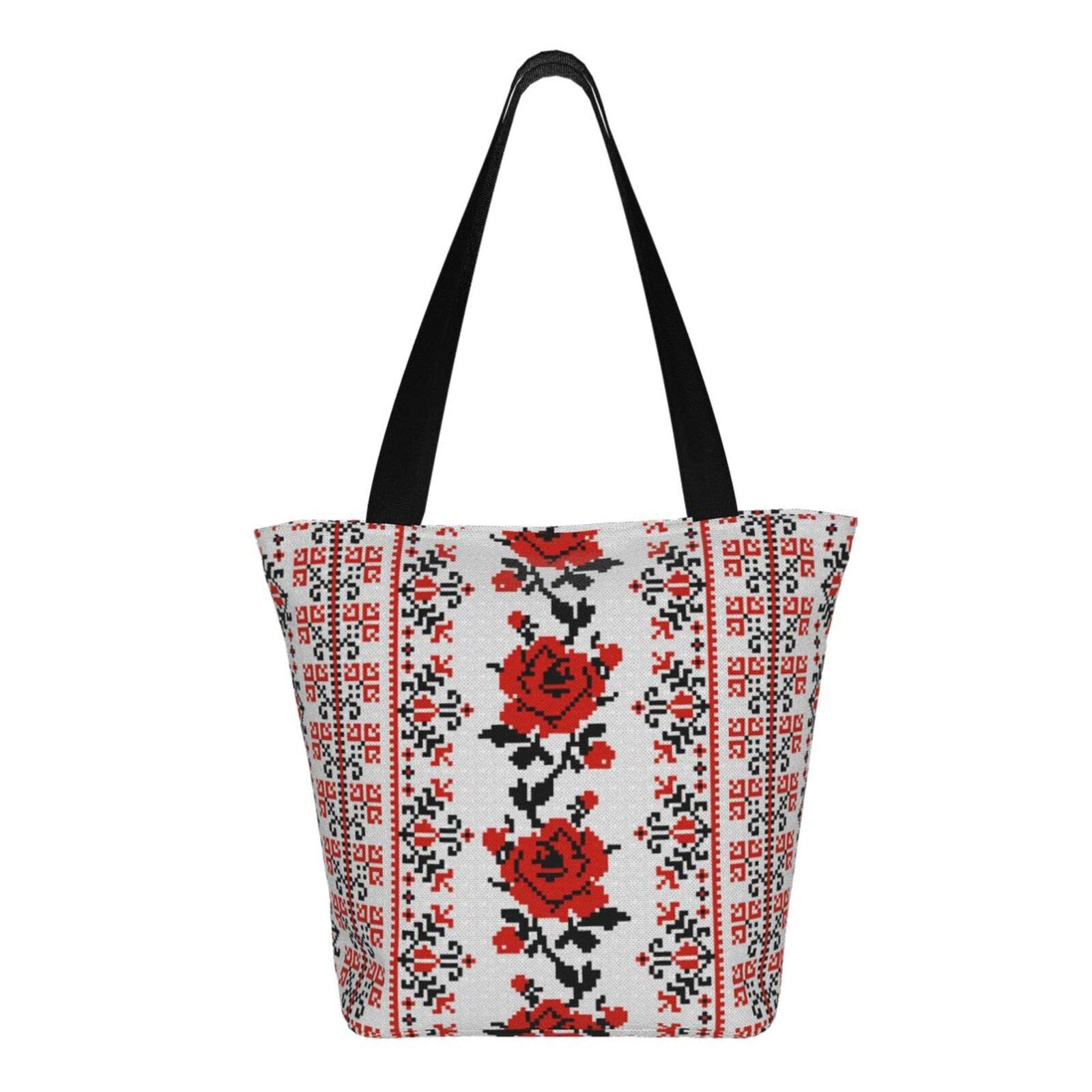 antkondnm Ukrainian Style Rose Tote Bags Shoulder Bag with Zipper for Women,Reusable Gym Picnic Travel Beach Shopping Work Daily Use Shoppers Tote