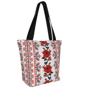 antkondnm Ukrainian Style Rose Tote Bags Shoulder Bag with Zipper for Women,Reusable Gym Picnic Travel Beach Shopping Work Daily Use Shoppers Tote