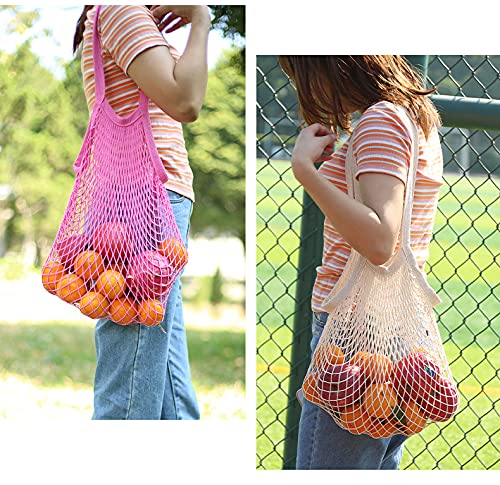 2 Pack Long Handle Mesh Shopping Bags for Farmer's Market Grocery Drawstring Food Bags Onions Veggies Bags,Washable Netting Reusable Potatoes Bags Knit Bags Market Bags Carrying