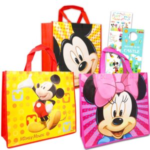 disney mickey mouse tote bags value pack - bundle with 3 reusable tote party bags featuring mickey and minnie mouse with bonus stickers