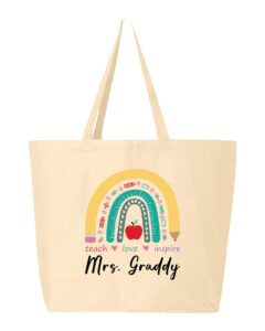 shop4ever custom personalized teacher teach love inspire rainbow jumbo heavy canvas tote reusable shopping bag 10 oz natural 1 pack