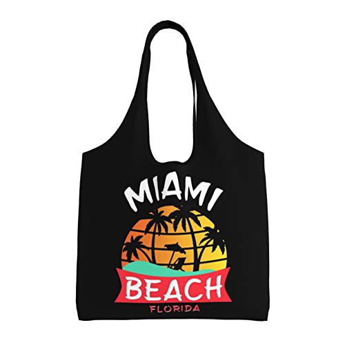 Miami Beach Florida Canvas Shoulder Tote Bags Reusable Handbags Shopping Bag For Daily Women Or Men