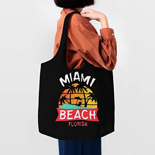 Miami Beach Florida Canvas Shoulder Tote Bags Reusable Handbags Shopping Bag For Daily Women Or Men