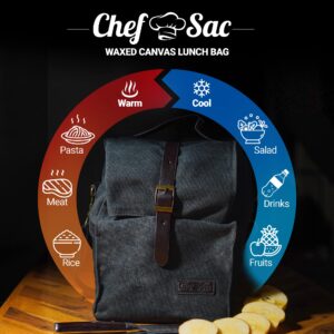 Chef Sac Waxed Canvas Insulated Lunch Bag for Women & Men | Thermal Insulation Material Keeps Food Hot OR Cold | Reusable, Water Resistant & Fits Large Lunch Box | Includes Sling Strap (Black)