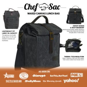 Chef Sac Waxed Canvas Insulated Lunch Bag for Women & Men | Thermal Insulation Material Keeps Food Hot OR Cold | Reusable, Water Resistant & Fits Large Lunch Box | Includes Sling Strap (Black)