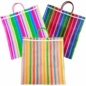 pack set of 3 large mexican mercado tote bags (bolsas de mercado / bolsa mandado) mexican market bag in assorted colors ecofriendly reusable grocery shopping bags, colorful net mesh market bags