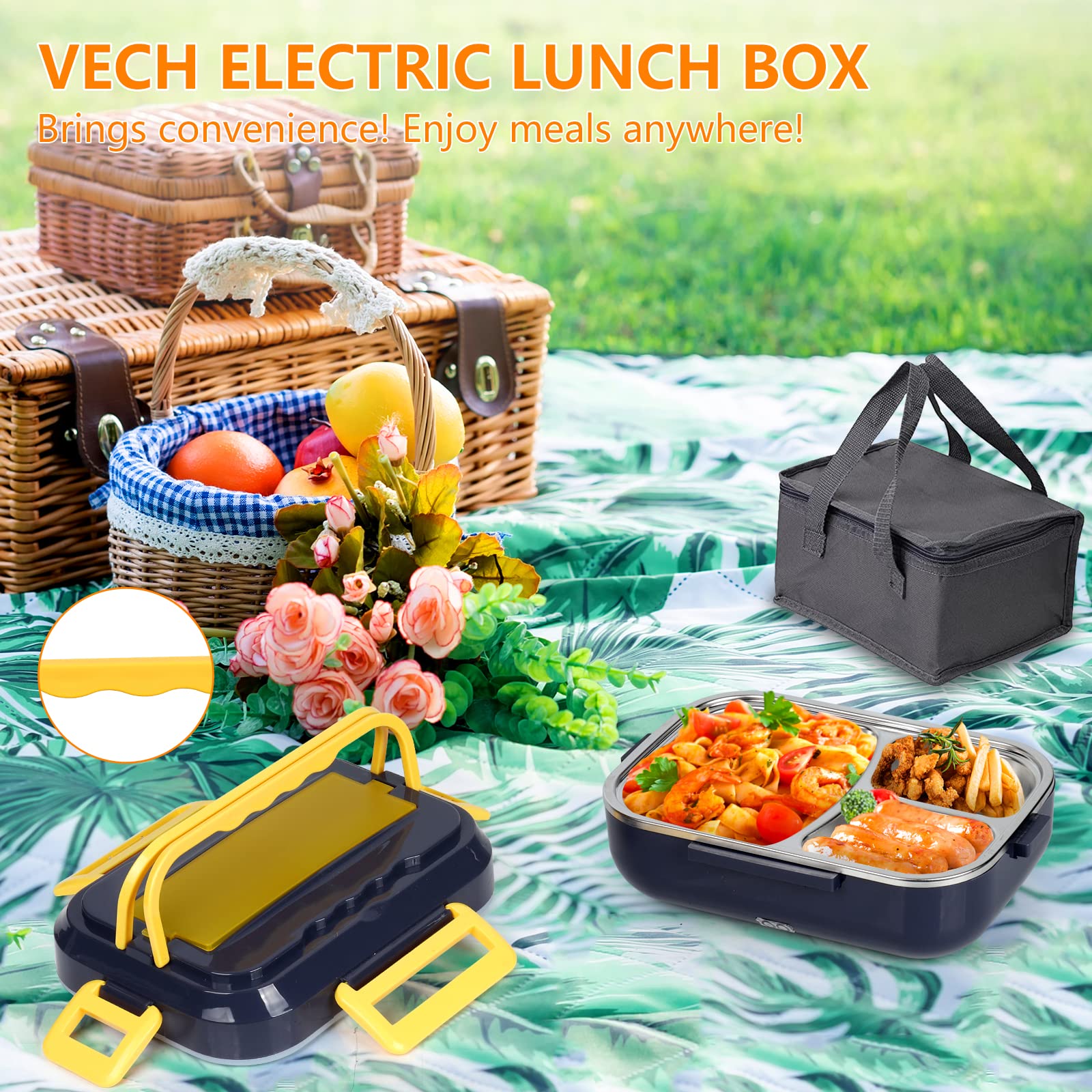 VECH Electric Food Heater Lunch Box Leakproof Portable Heated Lunch Box 110V/12V/24V for Office and Car/Truck, Food Warmer with Removable Stainless Steel Container and Carry Bag (Purple)