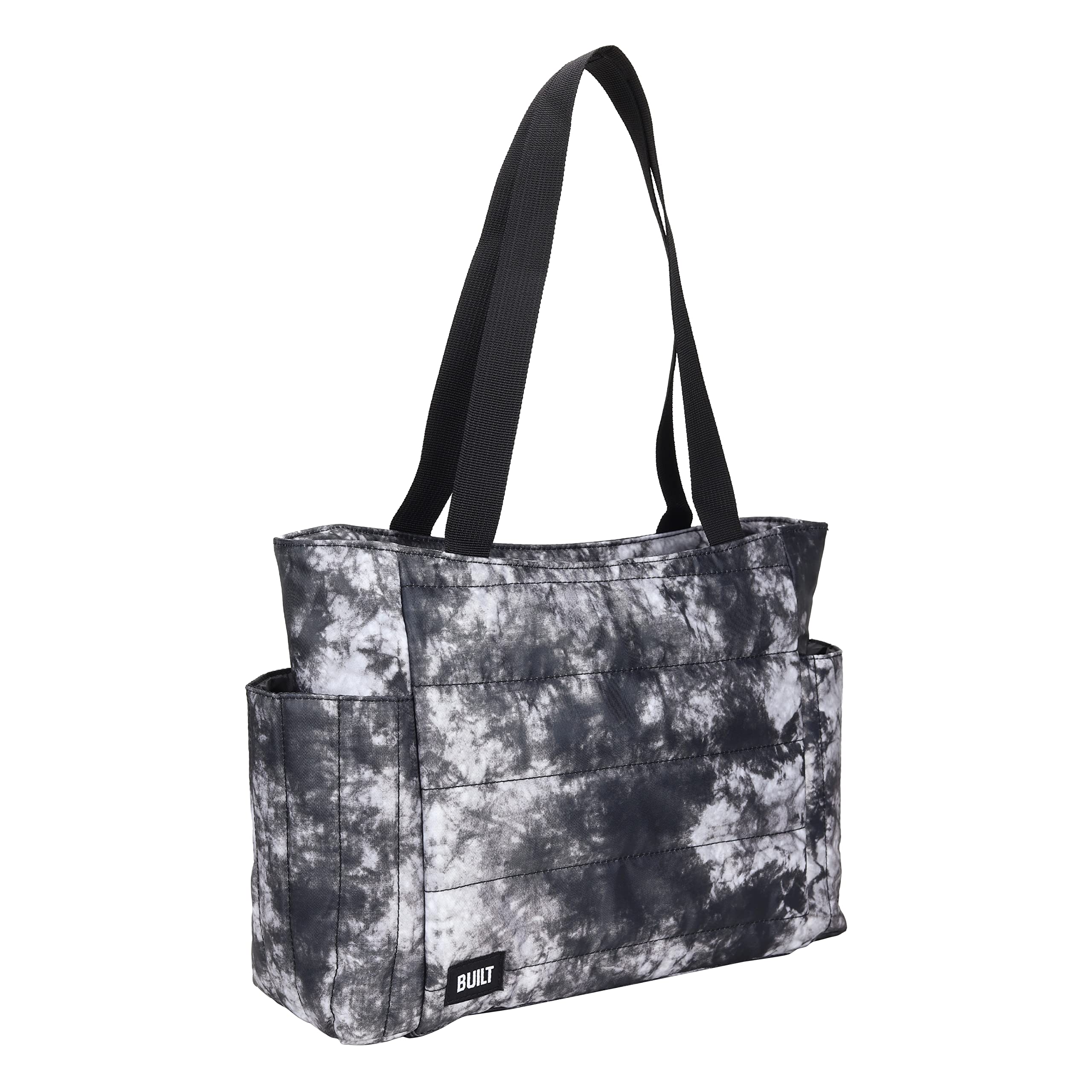 BUILT Puffer Tote Lunch Bag Lightweight, Insulated and Reusable, Black and White Nightfall Tie Dye, 11 Can Capacity