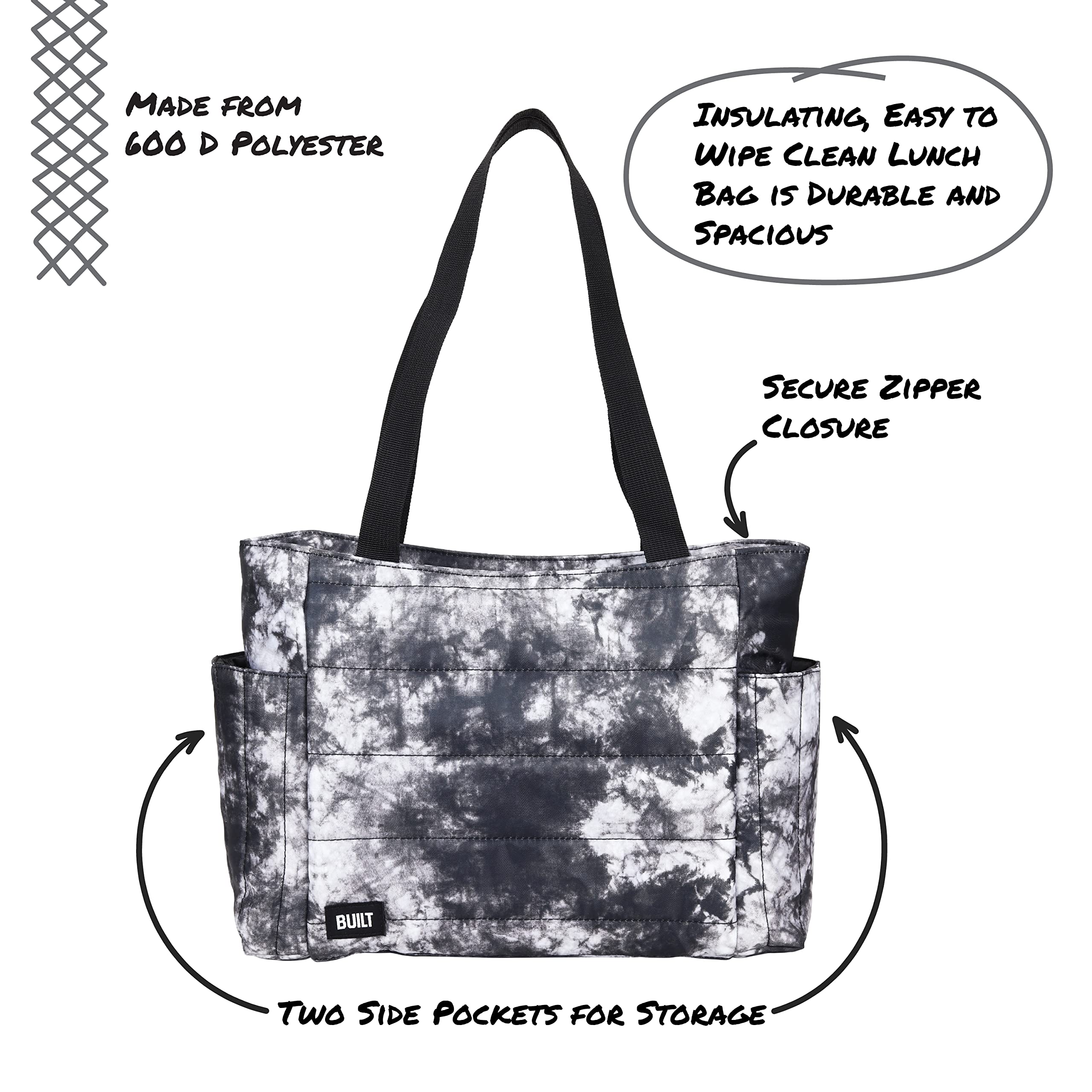 BUILT Puffer Tote Lunch Bag Lightweight, Insulated and Reusable, Black and White Nightfall Tie Dye, 11 Can Capacity