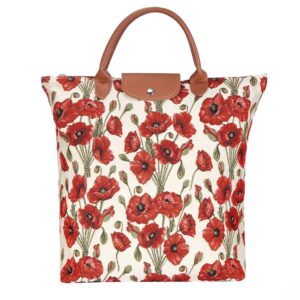 signare tapestry foldable tote bag reusable shopping bag grocery bag with poppy flower design (fdaw-pop)