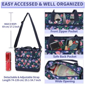 Lunch Bags for Women,VONXURY lnsulated Thermal Adult Lunch Box Large High-capacity Cooler Lunch Tote with Detachable Shoulder Strap for Work College Travel Picnic (Blue Flowers)