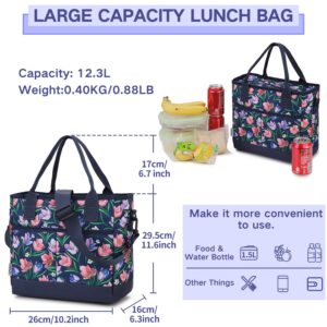 Lunch Bags for Women,VONXURY lnsulated Thermal Adult Lunch Box Large High-capacity Cooler Lunch Tote with Detachable Shoulder Strap for Work College Travel Picnic (Blue Flowers)