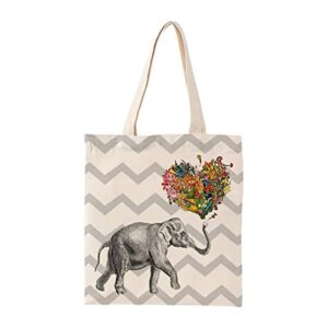 light grey geometric ripples elephant and heart flower canvas tote bag school book bag shopping shoulder bag for women girls