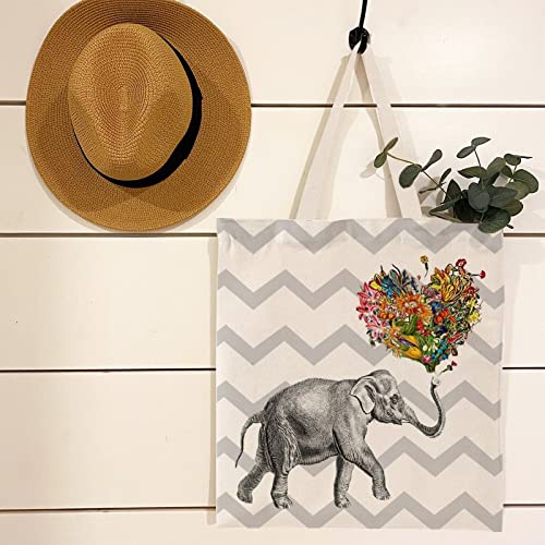 Light Grey Geometric Ripples Elephant and Heart Flower Canvas Tote Bag School Book Bag Shopping Shoulder Bag for Women Girls