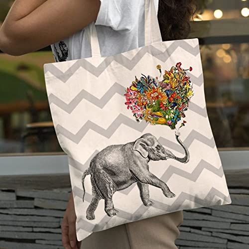 Light Grey Geometric Ripples Elephant and Heart Flower Canvas Tote Bag School Book Bag Shopping Shoulder Bag for Women Girls