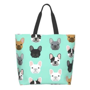 cute french bulldog dog puppy dog print canvas tote bag large women reusable beach bags shoulder bag handbag waterproof for travel grocery shopping