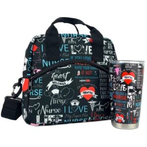 nurse insulated lunch bag kit with 20oz tumbler cups with lid, reusable large lunch box bag with adjustable shoulder strap for work picnic travel, 2-piece gift for nurses