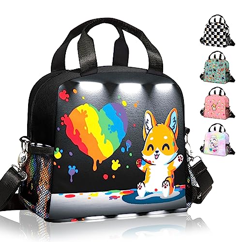 Ivenhlys Dog Lunch Bag, Corgi Insulated Tote for Women, Kids, School, Travel, Rainbow Doodle