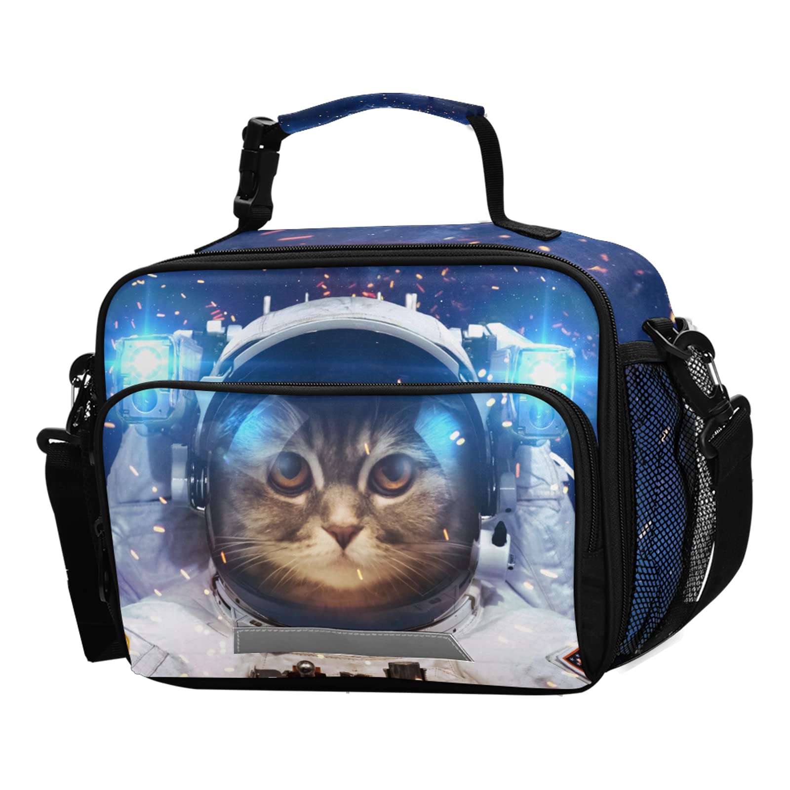 BOENLE Space Cat Astronaut Lunch Box Insulated Lunch Bag Boys Cooler Tote Kids Girls Shoulder Strap Reusable for School Picnic Travel Office