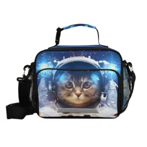 BOENLE Space Cat Astronaut Lunch Box Insulated Lunch Bag Boys Cooler Tote Kids Girls Shoulder Strap Reusable for School Picnic Travel Office