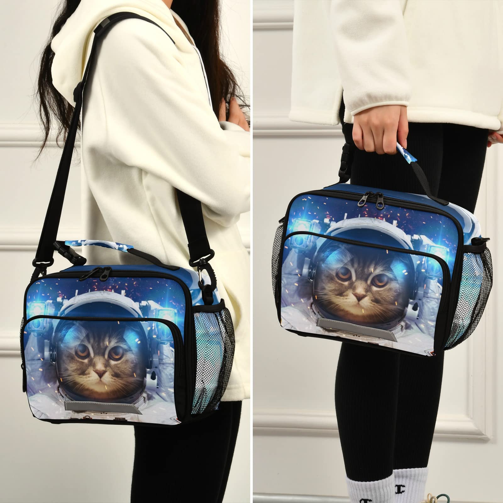 BOENLE Space Cat Astronaut Lunch Box Insulated Lunch Bag Boys Cooler Tote Kids Girls Shoulder Strap Reusable for School Picnic Travel Office