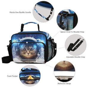 BOENLE Space Cat Astronaut Lunch Box Insulated Lunch Bag Boys Cooler Tote Kids Girls Shoulder Strap Reusable for School Picnic Travel Office