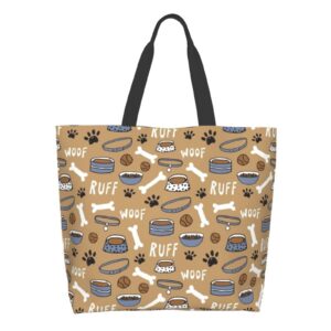 bxuoe cute dog bone bowl woof paw print waterproof tote bag women large capacity shoulder grocery shopping bags, one size