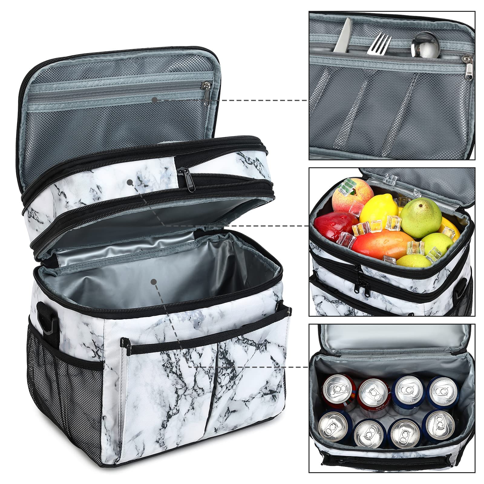 Large Insulated Lunch Bag Women Men Dual Compartment Reusable Lunch Box Soft Portable Leakproof Cooler Bag with Removable Adjustable Shoulder Strap (Marble)