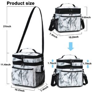 Large Insulated Lunch Bag Women Men Dual Compartment Reusable Lunch Box Soft Portable Leakproof Cooler Bag with Removable Adjustable Shoulder Strap (Marble)